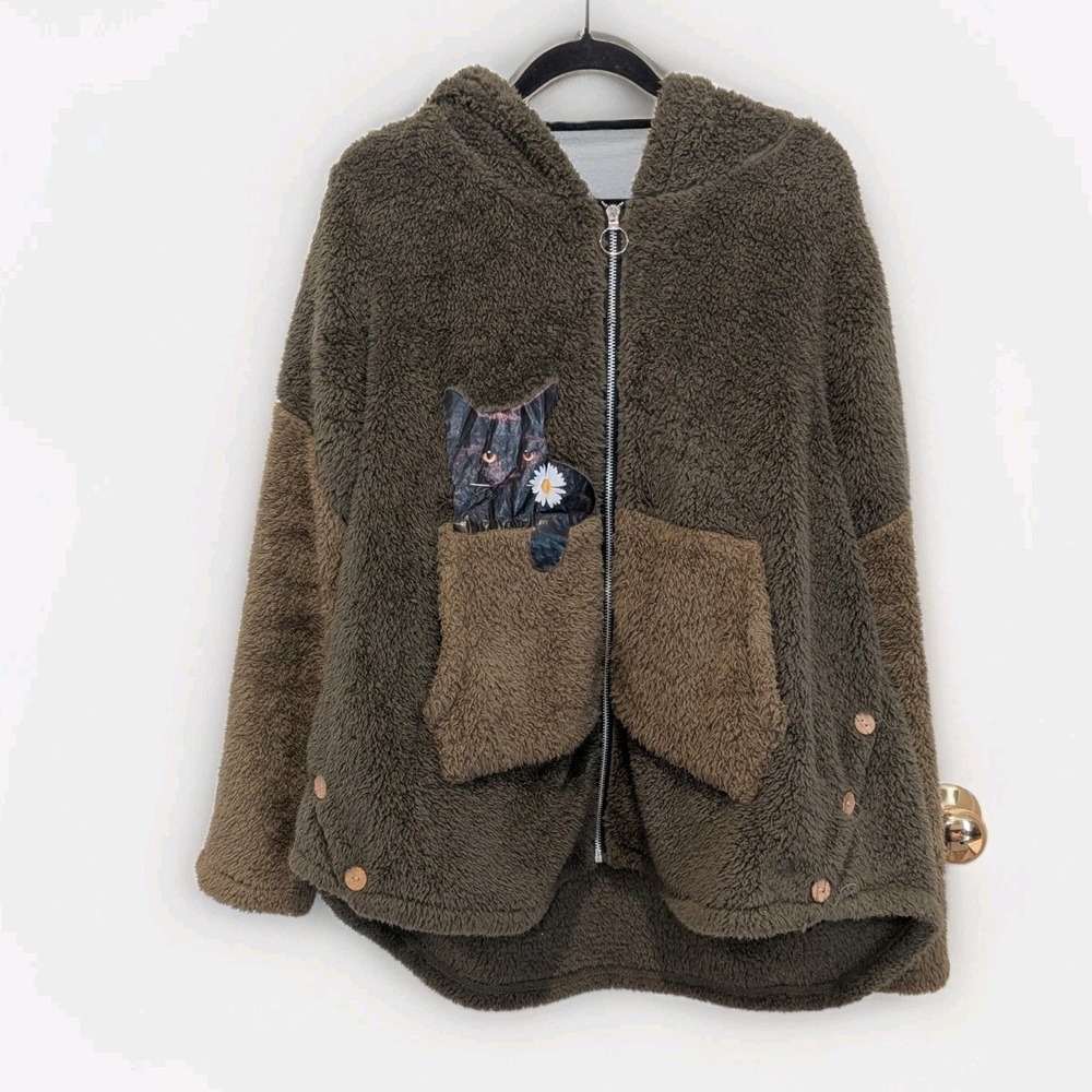 Cozy Cottagecore Teddy Fleece Cat Pocket Zip Hoodie Oversized XL Olive